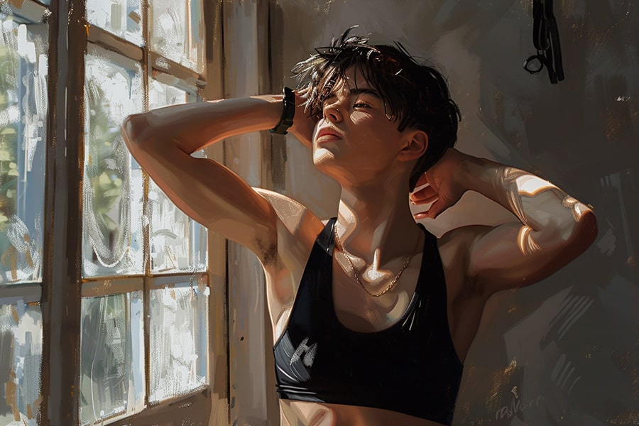 Non-binary androgynous individual with a masculine tomboy style, captured in a full body view. They exhibit a clean haircut and utilize chest binding to achieve a flattened chest appearance.