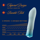 Singapore Blush Oh My Gem blue vibrator shown with speed and rhythm graphic, including RumbleTech™ tech and tapered G-spot curve—ideal for trans masc, FTM, and androgynous users seeking customizable, body-safe stimulation.
