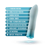 Feature breakdown of the Singapore Blush Oh My Gem vibrator in cool blue, highlighting 10 vibration modes, warming function, UltraSilk® smooth silicone, and a tapered tip—designed for easy, affirming pleasure across queer and trans bodies.