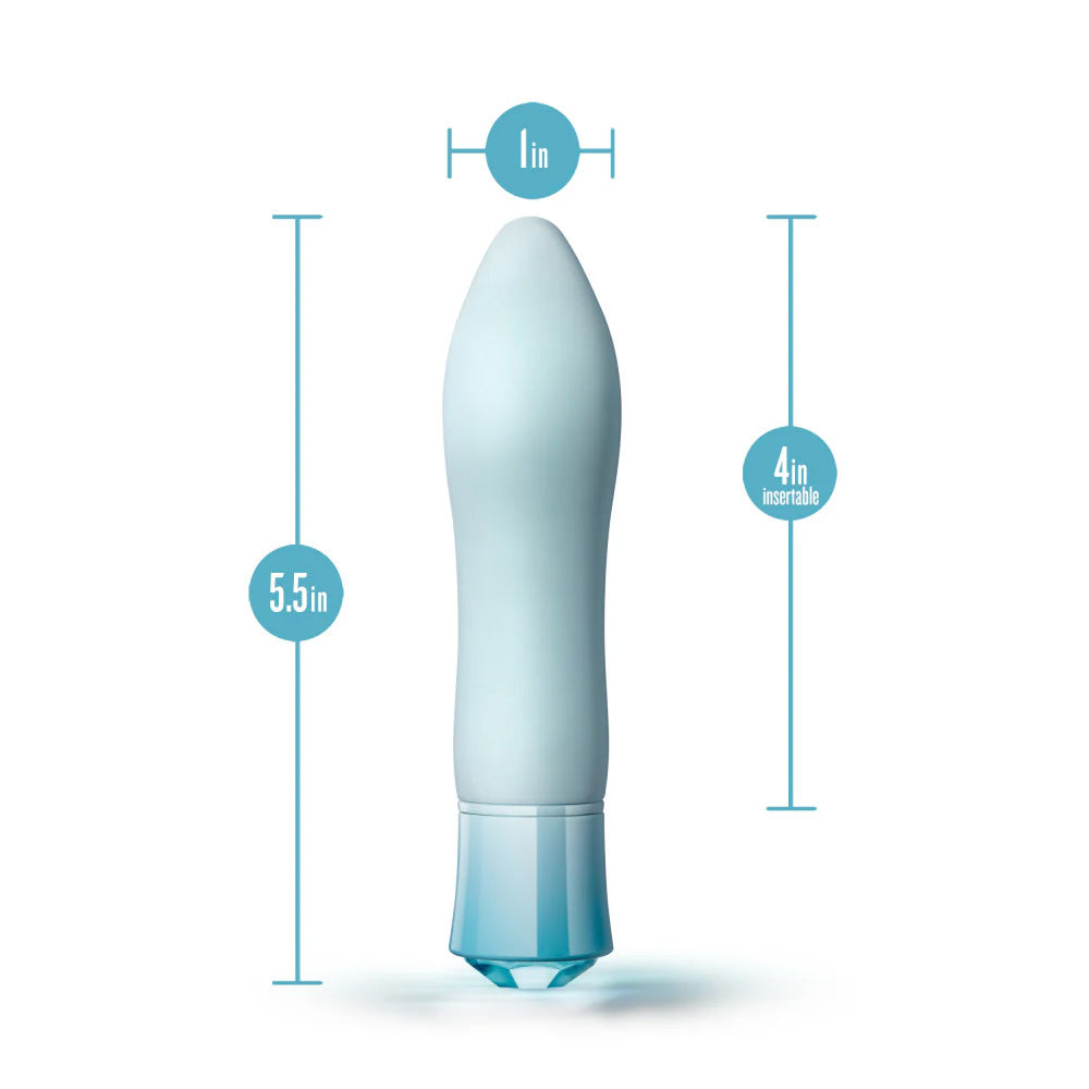 Singapore Blush Oh My Gem blue edition shown with sizing guide—5.5 inches in total length, 4 inches insertable—offering a beginner-friendly, tapered shape perfect for FTM and androgynous users exploring G-spot play.