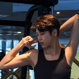In a moment of post-workout serenity, a non-binary person stretches in a TOMSCOUT compression top, showcasing toned arms and breathable, moisture-wicking fabric ideal for active lifestyles.