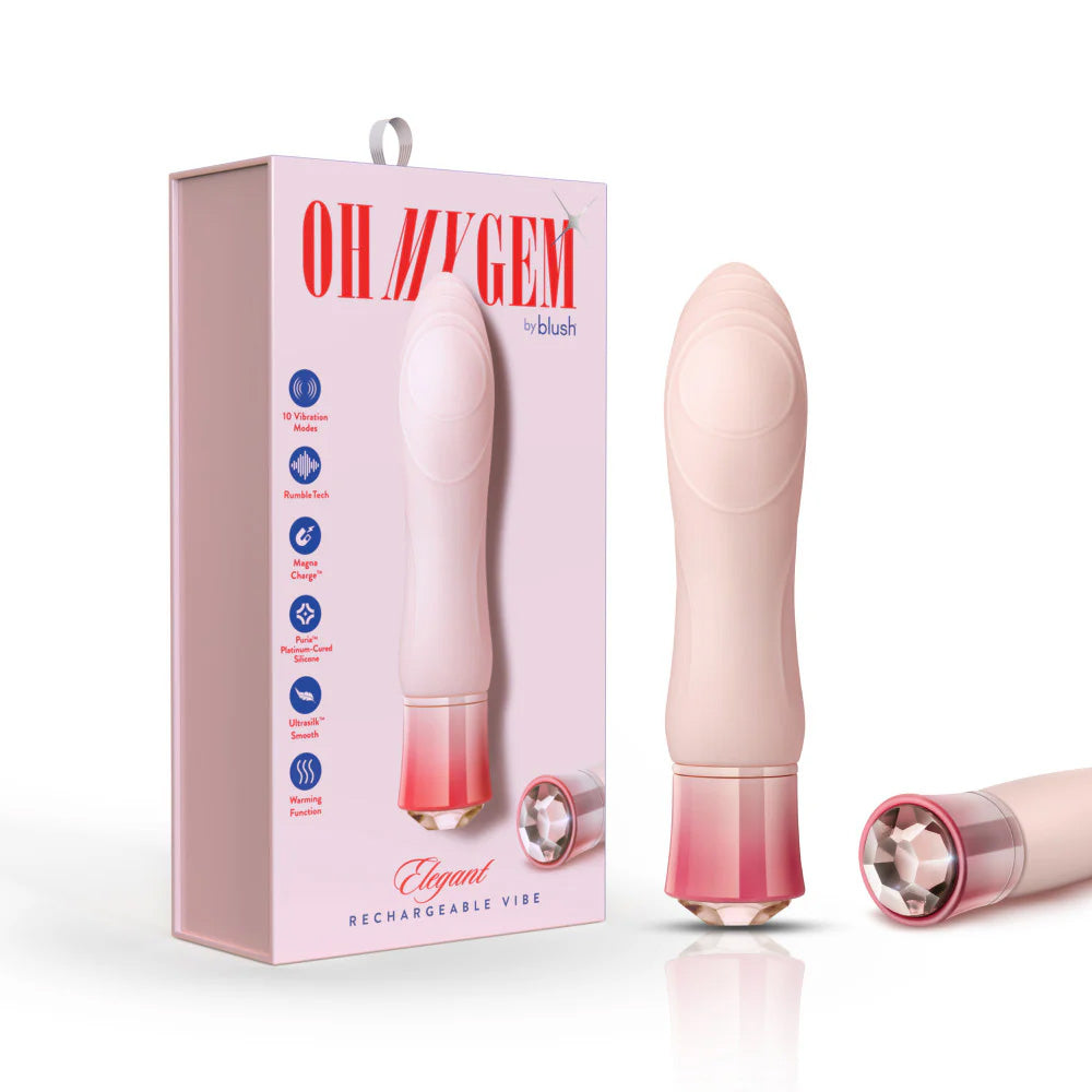 Retail packaging of the Singapore Blush Oh My Gem vibrator showing product details including G-spot curve, magnetic charging, and body-safe UltraSilk® silicone—an inclusive vibe for bold, empowered pleasure.