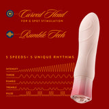 Infographic illustrating Singapore Blush Oh My Gem’s 5 vibration speeds and 5 unique rhythms, including tremble, pulse, and rumble—customizable sensations designed for trans and queer bodies.