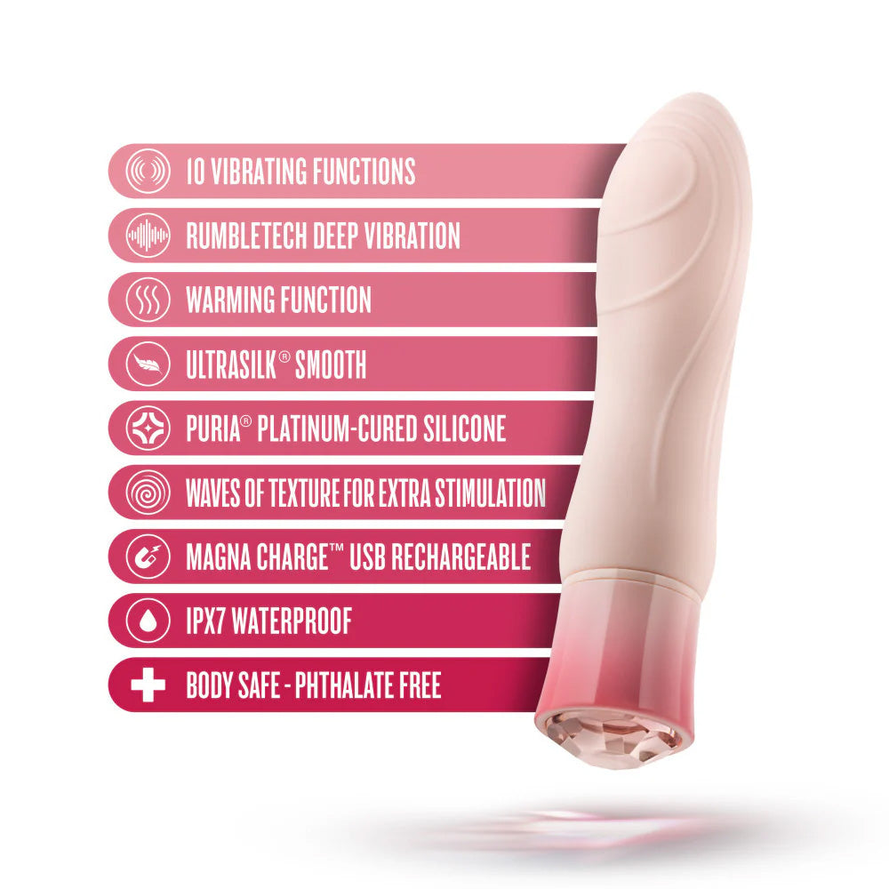 Infographic showcasing Singapore Blush Oh My Gem’s premium features: 10 deep RumbleTech™ vibration modes, warming function, UltraSilk® smooth silicone, and body-safe design—crafted for G-spot stimulation and gender-affirming self-love.