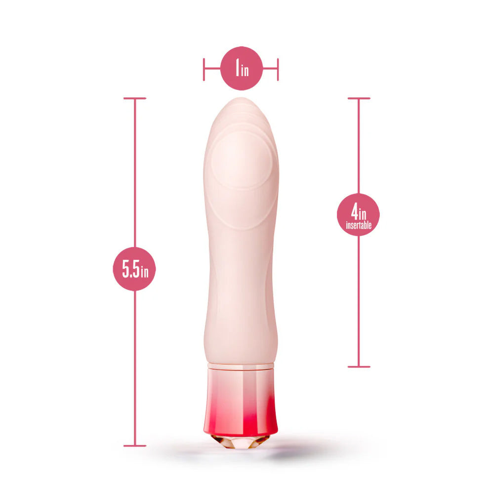 Product dimensions of the Singapore Blush Oh My Gem pink vibrator shown with 5.5-inch length and 4-inch insertable design—ideal for those seeking a compact, powerful G-spot toy.
