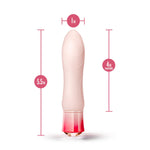 Product dimensions of the Singapore Blush Oh My Gem pink vibrator shown with 5.5-inch length and 4-inch insertable design—ideal for those seeking a compact, powerful G-spot toy.