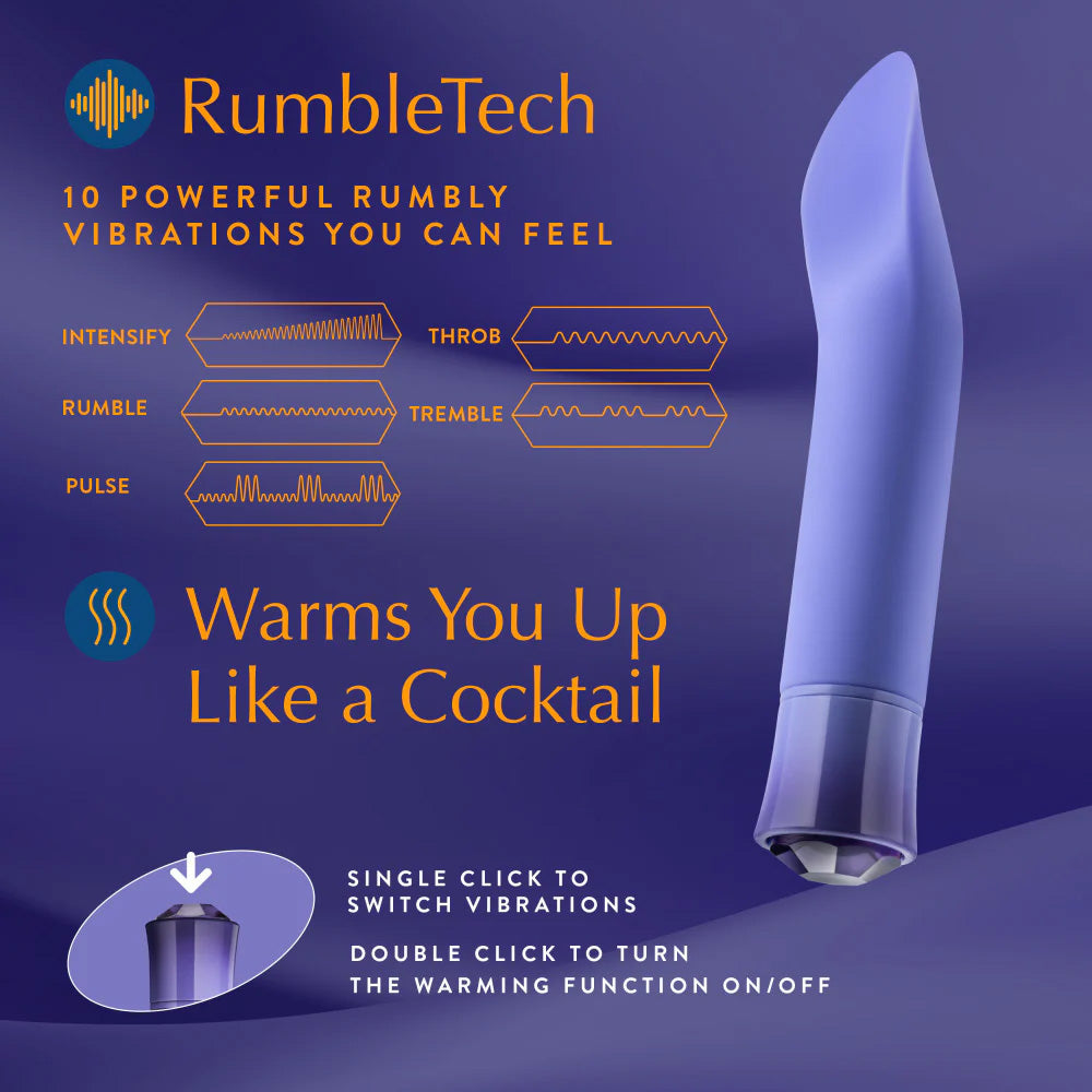 Infographic showing Singapore Blush Oh My Gem’s lavender tongue-shaped vibrator with 10 RumbleTech™ modes and warming capability—“warms you up like a cocktail”—engineered for LGBTQIA+ pleasure.