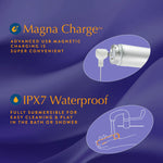 Graphic highlighting Singapore Blush Oh My Gem’s Magna Charge™ USB magnetic charging and IPX7 waterproof rating—ideal for trans men, non-binary, and lesbian users seeking stress-free cleaning and bath-time play.