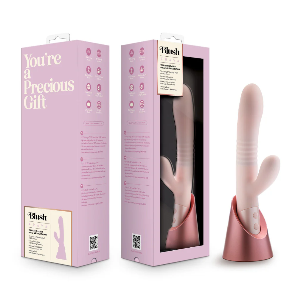 Singapore Blush Fraya rabbit vibrator in full retail box with transparent window and pink gift-ready design, ideal for inclusive self-love gifting among trans, queer, and androgynous shoppers.