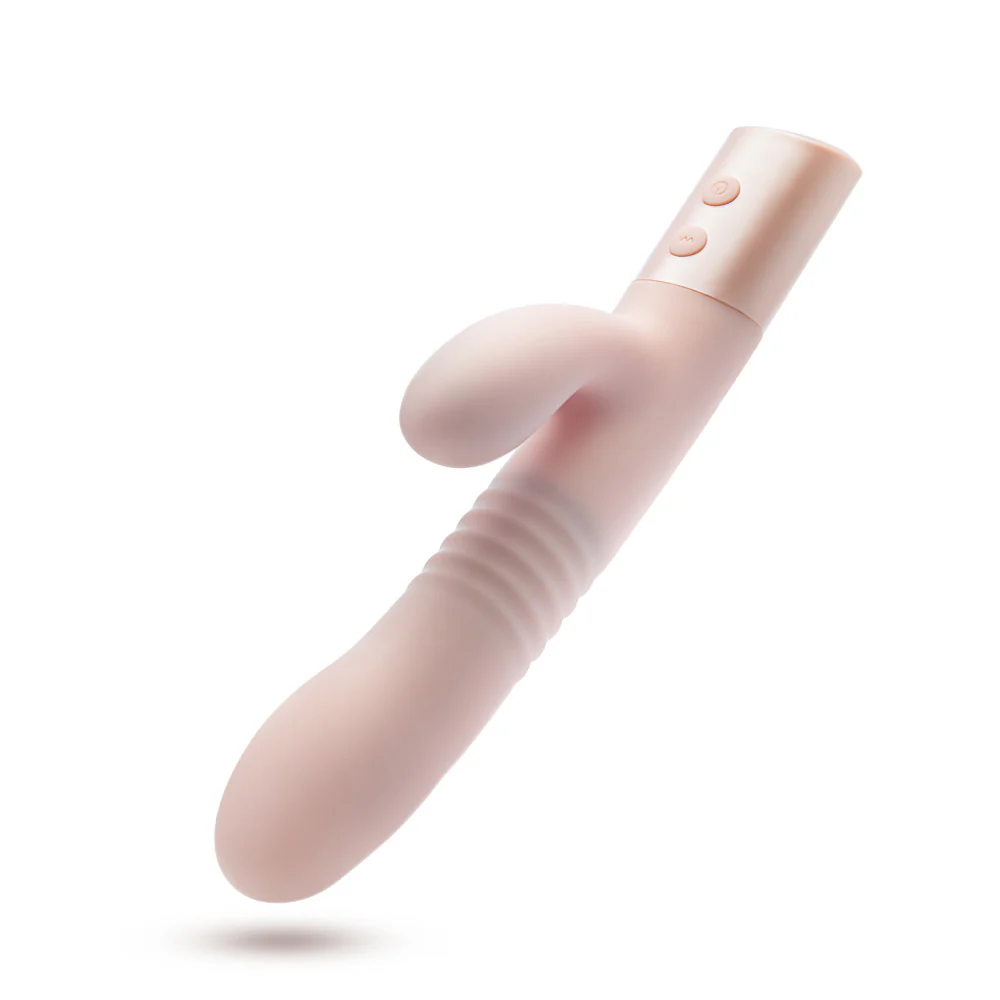 Floating product view of the Singapore Blush Jaymie vibrator showing its curved shaft, soft-touch silicone, and flexible clitoral arm—engineered for gender-diverse users craving blended G-spot and external stimulation.