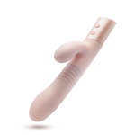 Floating product view of the Singapore Blush Jaymie vibrator showing its curved shaft, soft-touch silicone, and flexible clitoral arm—engineered for gender-diverse users craving blended G-spot and external stimulation.