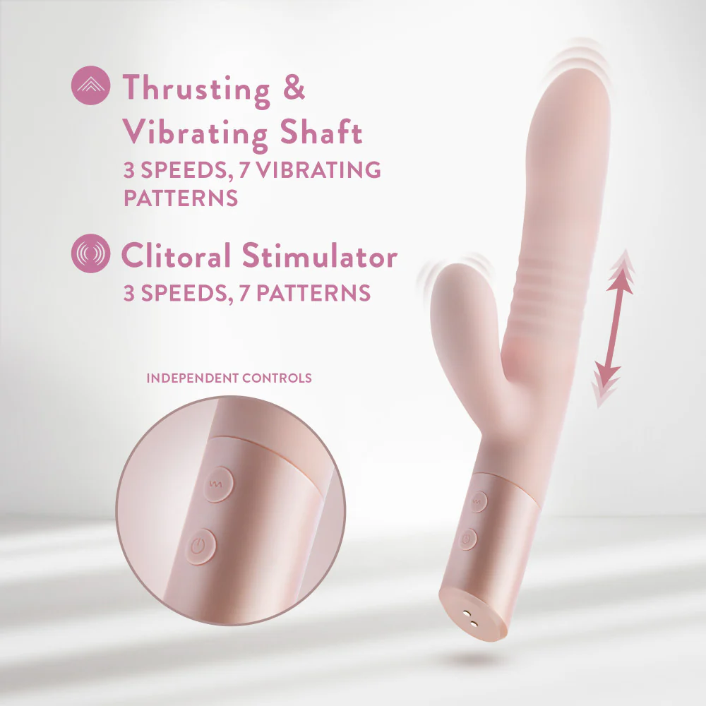 Diagram showcasing the independent dual motors of the Singapore Blush Fraya vibe, highlighting three thrusting speeds, seven shaft vibrations, and a clitoral stimulator—customizable pleasure for queer users of all identities.