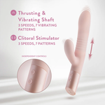 Diagram showcasing the independent dual motors of the Singapore Blush Fraya vibe, highlighting three thrusting speeds, seven shaft vibrations, and a clitoral stimulator—customizable pleasure for queer users of all identities.