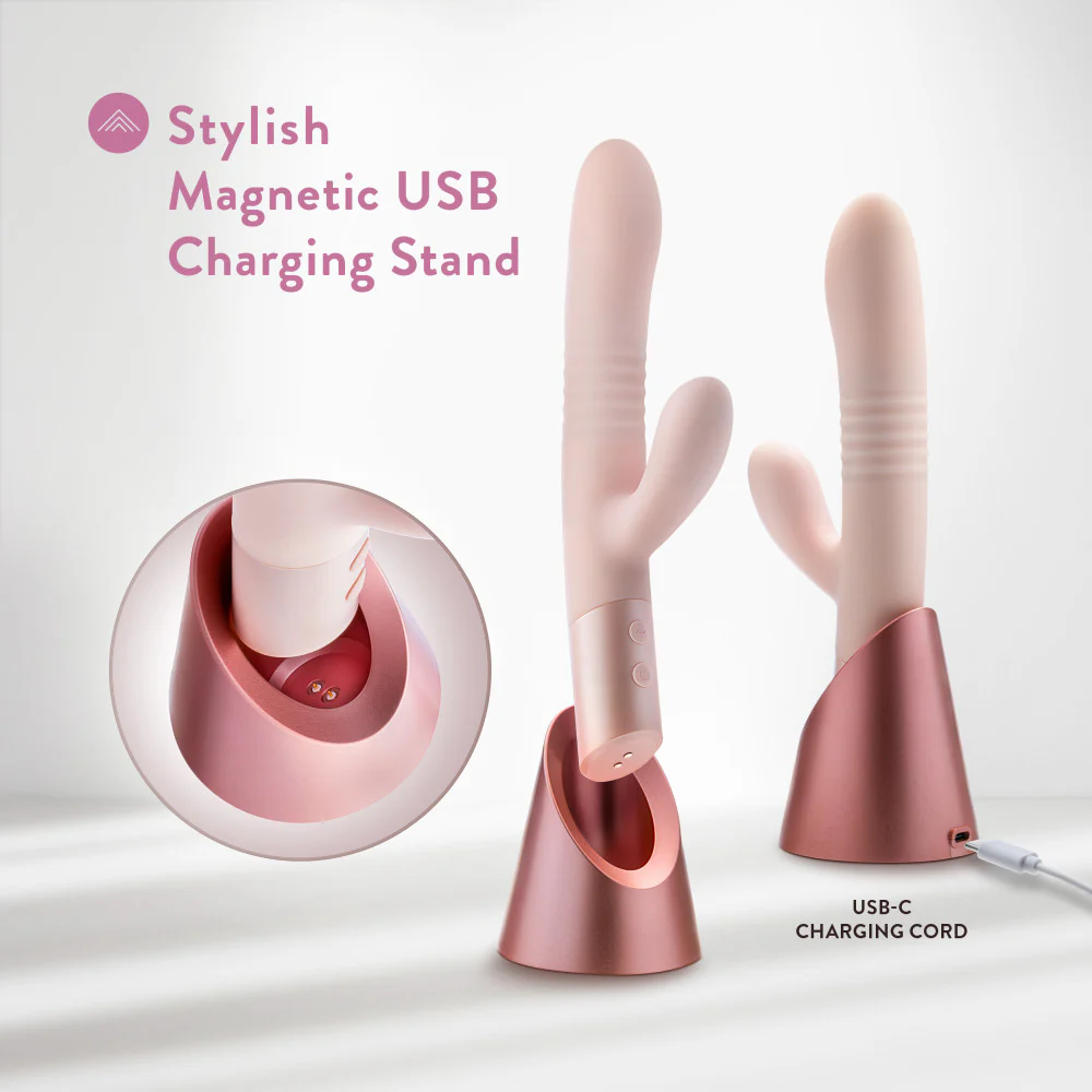 Infographic of the Singapore Blush Jaymie standing in its modern USB-C magnetic charging stand—combining elegance, function, and thoughtful design for trans and non-binary users exploring dual pleasure.