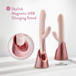 Infographic of the Singapore Blush Jaymie standing in its modern USB-C magnetic charging stand—combining elegance, function, and thoughtful design for trans and non-binary users exploring dual pleasure.