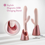 Infographic of the Singapore Blush Jaymie standing in its modern USB-C magnetic charging stand—combining elegance, function, and thoughtful design for trans and non-binary users exploring dual pleasure.
