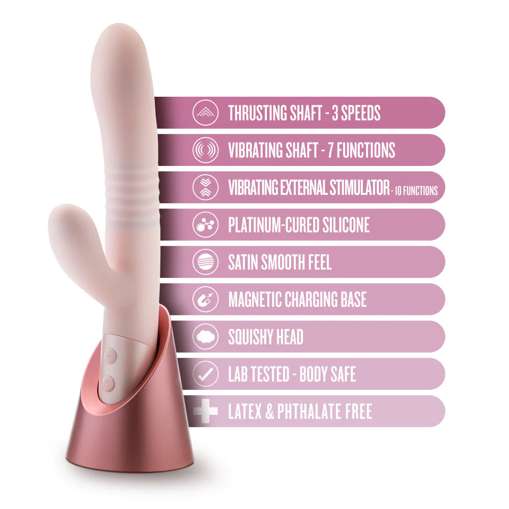 Infographic of the Singapore Blush Fraya rabbit vibrator’s premium features, including squishy tip, satin silicone, body-safe materials, magnetic charging, and 10-function clitoral stimulator—crafted for gender-diverse pleasure.
