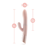 Size diagram of the Singapore Blush Jaymie vibrator with a 9.5 inch full length, 5.25 inch insertable shaft, and 1.5 inch girth—ideal for queer users exploring body-safe dual stimulation in a luxurious silhouette.