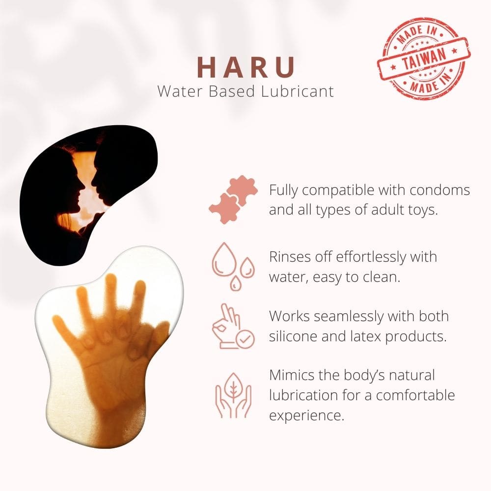 Infographic highlighting HARU Nude lubricant with its box and bottle on a wooden surface, emphasizing glycerin-free, fertility-safe formulation enriched with Vitamin B3 and Epilobium extract.