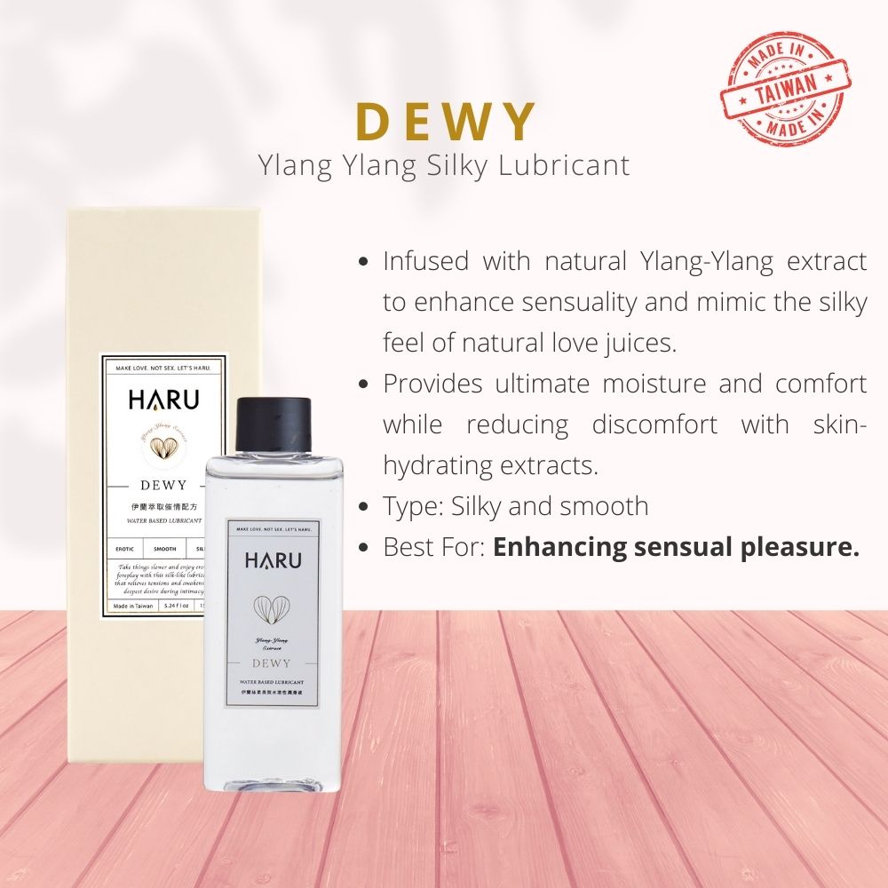 Product spotlight of HARU Dewy with Ylang Ylang on a wood background, emphasizing its silky, erotic formulation for trans, lesbian, and non-binary users seeking smooth, sensual lubrication.