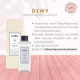 Product spotlight of HARU Dewy with Ylang Ylang on a wood background, emphasizing its silky, erotic formulation for trans, lesbian, and non-binary users seeking smooth, sensual lubrication.