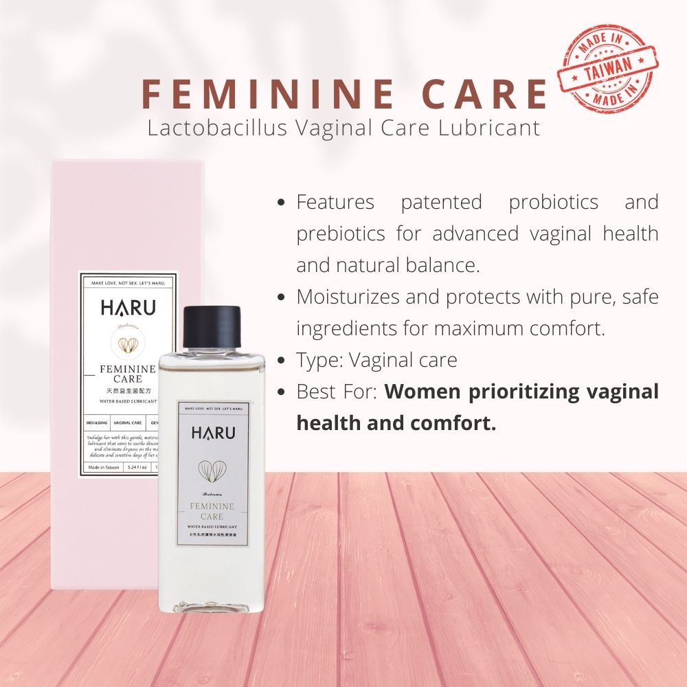 Educational image of HARU Feminine Care lubricant, promoting vaginal health with patented probiotics and moisture-rich ingredients—crafted for comfort across gender identities.
