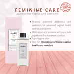 Educational image of HARU Feminine Care lubricant, promoting vaginal health with patented probiotics and moisture-rich ingredients—crafted for comfort across gender identities.