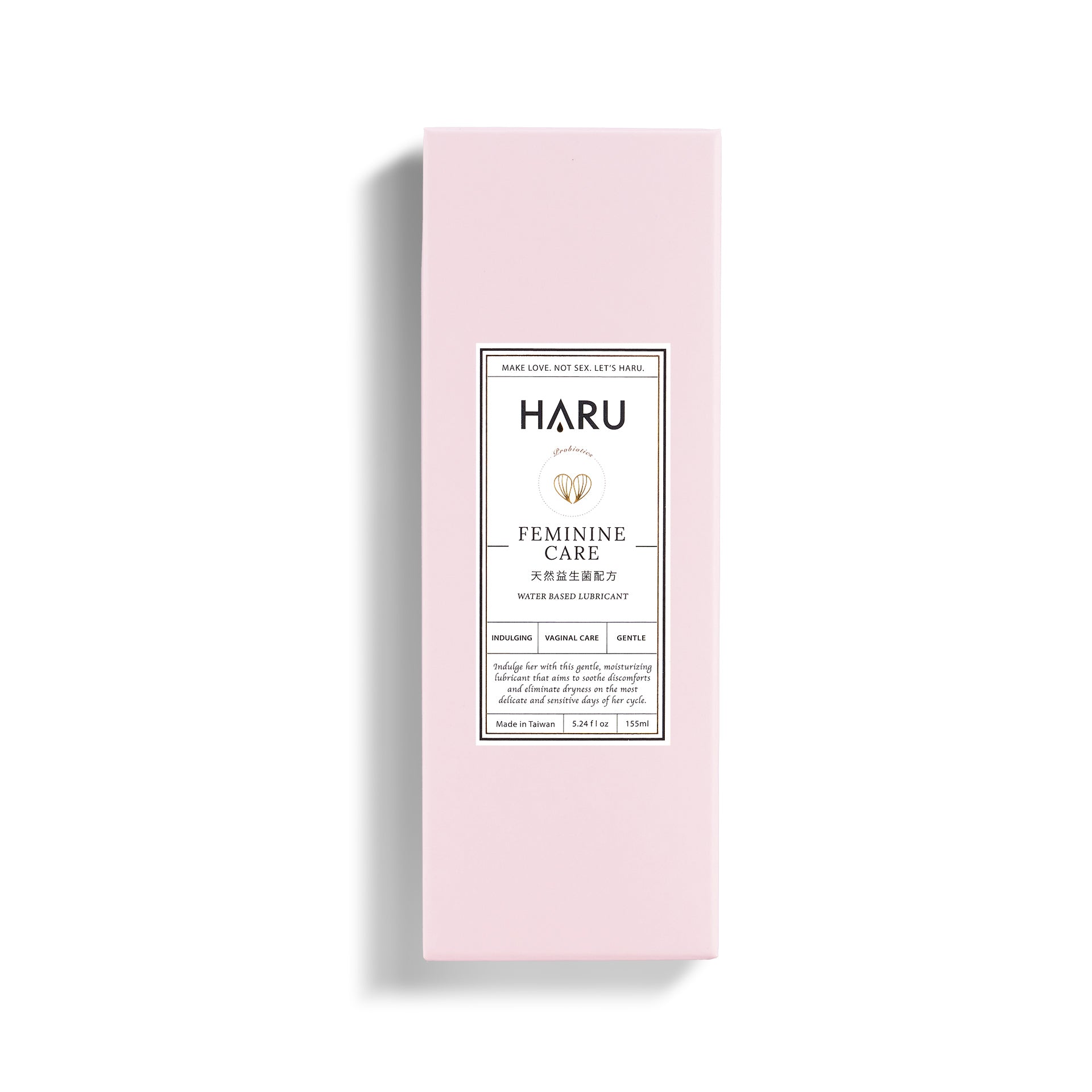 Soft pink HARU Feminine Care lubricant box formulated with probiotics and prebiotics for advanced vaginal wellness—supporting comfort and balance for women, non-binary, and femme-aligned users.