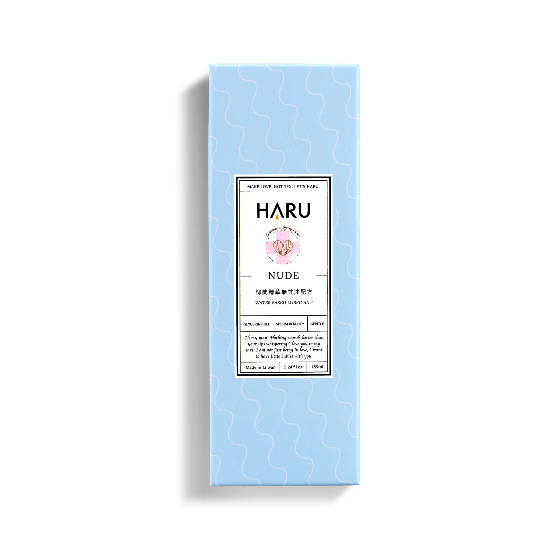 Pastel blue packaging of HARU Nude glycerin-free lubricant, crafted for fertility-focused couples and sensitive skin, designed to support sperm vitality and inclusive intimacy care.