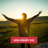 Silhouette of a non-binary person facing the sunrise with arms open wide, symbolizing growth, freedom, and pride—TOMSCOUT’s digital gift card as a powerful gesture of love and gender-affirming support.