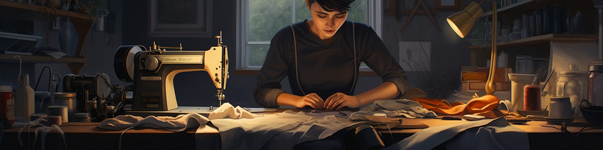 Non-binary androgynous tomboy transman lesbian at a sewing machine on a tailor's desk, meticulously crafting a chest binder design, depicted on the TOMSCOUT About Us Page.