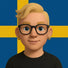 Blonde 3D avatar with glasses, earrings, and a black shirt smiling confidently in front of a blue and yellow Sweden flag.