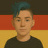 Digital illustration of a confident FTM individual with teal-blue undercut hair and a subtle hoop earring, standing proudly against the German flag. Their soft smile and direct gaze exude quiet strength and gender pride, reflecting the bold, authentic spirit of TOMSCOUT’s inclusive community.
