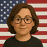 3D-style avatar of a person with brown hair, glasses, and a black shirt, smiling in front of a United States flag background.