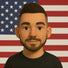 Confident trans man with a neatly groomed beard and short fade haircut poses against the American flag, representing strength, transition pride, and masculine empowerment in the LGBTQ+ community.