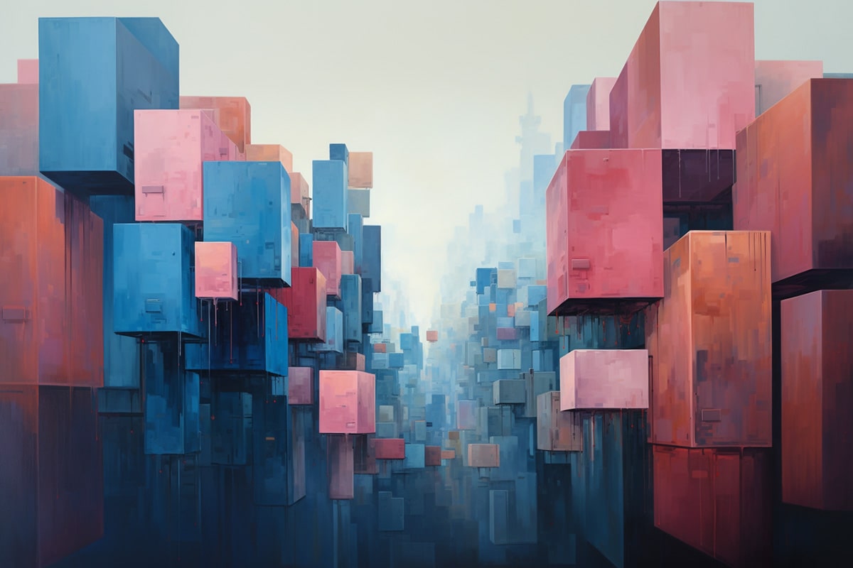A diverse and bustling urban scene featuring two enormous abstract boxes, one blue and one pink, symbolizing a spectrum of genders and identities, inspired by gender diversity.