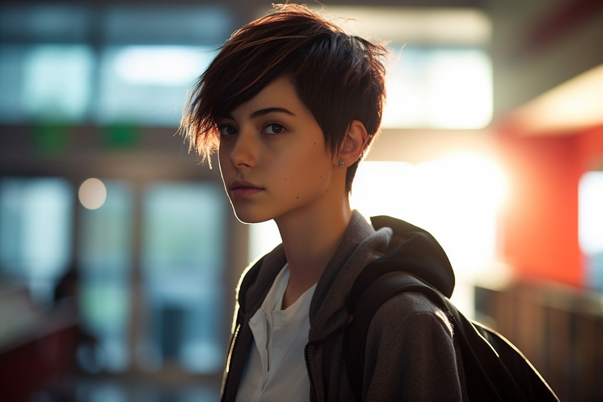 Feminine, non-binary individual with a short haircut, confidently looking into the camera against a warm-toned backlight, their smile a symbol of pride in the LGBT community.
