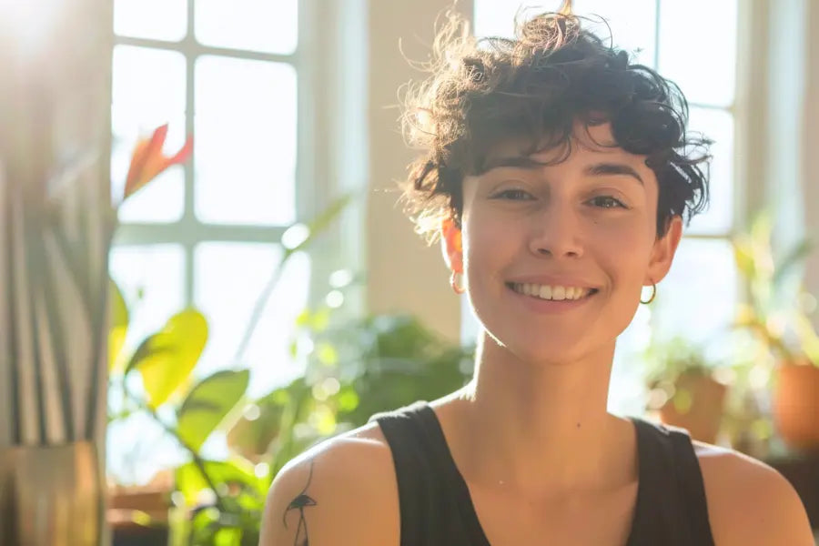 Non-binary person with a radiant smile and tousled dark curls wearing a black TOMSCOUT chest binder, standing in a sun-drenched room filled with lush houseplants. Sunlight highlights their confident, gender-affirming presence, showcasing the breathable comfort and sleek fit of TOMSCOUT's binder—ideal for daily wear and authentic self-expression.