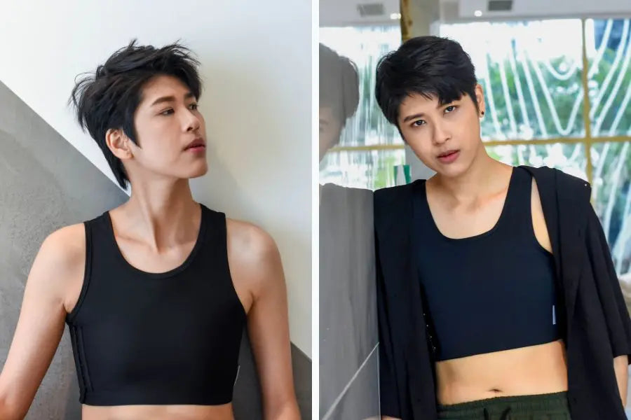 Side-by-side portraits of a non-binary individual confidently modeling two TOMSCOUT chest binders in sleek black—one with a classic tank style and the other featuring a cropped, high-compression design. Both images highlight the sculpting fit, smooth seams, and body-positive construction, empowering gender-diverse wearers with comfort, control, and self-expression.