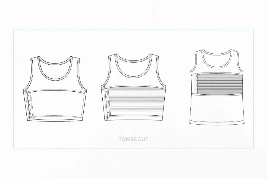 Technical sketch illustration of three TOMSCOUT chest binder designs: a short-cut tank with side hooks, a ribbed compression mid-length binder, and a longline binder with reinforced panels. The minimalist black-and-white blueprint layout highlights functional structure, compression zones, and accessible closures—designed for safe, affirming wear by FTM, non-binary, and gender-diverse individuals.