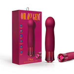 Product and packaging of the Singapore Blush Oh My Gem “Classy” vibe in burgundy, featuring a bulbous curved head, gemstone-inspired base, and 10 powerful vibration modes designed for inclusive G-spot stimulation.