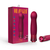 Product and packaging of the Singapore Blush Oh My Gem “Classy” vibe in burgundy, featuring a bulbous curved head, gemstone-inspired base, and 10 powerful vibration modes designed for inclusive G-spot stimulation.