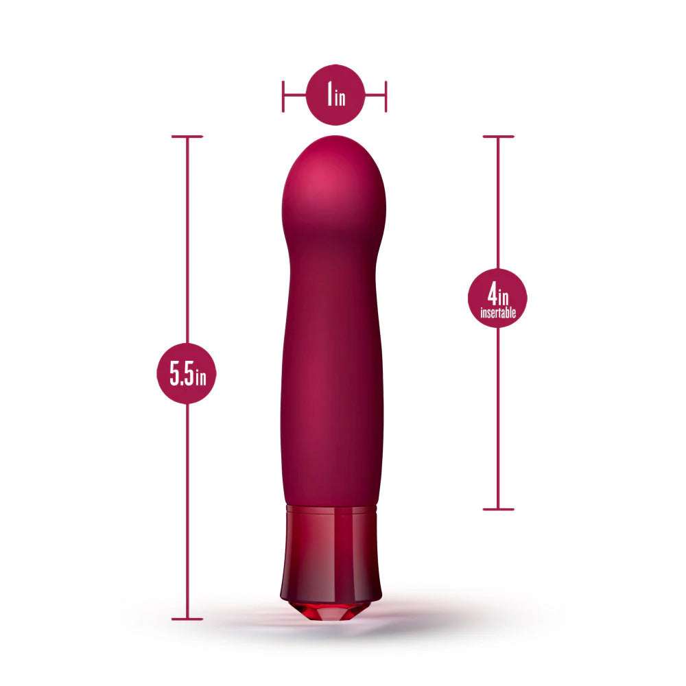 Singapore Blush Oh My Gem “Classy” vibrator shown with sizing—5.5 inches total length, 4 inches insertable—crafted for precise internal stimulation with queer body ergonomics in mind.
