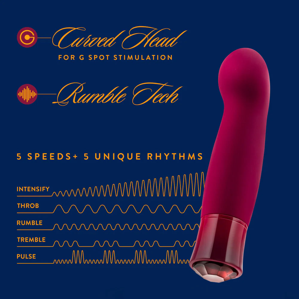 Singapore Blush Oh My Gem burgundy vibrator with a rounded curved tip, designed for deep G-spot stimulation with RumbleTech™ and 5 speeds plus 5 rhythms—ideal for FTM and tomboy users seeking targeted pleasure.