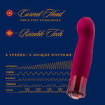 Singapore Blush Oh My Gem burgundy vibrator with a rounded curved tip, designed for deep G-spot stimulation with RumbleTech™ and 5 speeds plus 5 rhythms—ideal for FTM and tomboy users seeking targeted pleasure.