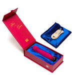 The Singapore Blush Oh My Gem “Classy” vibe displayed in a bold red gift box with magnetic USB charger and velvet pouch—ideal for giftable pleasure and gender-affirming self-love rituals.