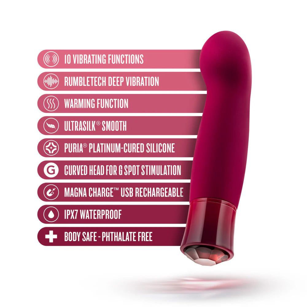 Detailed feature overview of the Singapore Blush Oh My Gem “Classy” vibrator, highlighting 10 rumbly functions, warming tech, Magna Charge™ USB, and curved G-spot head—engineered for inclusive, indulgent satisfaction.