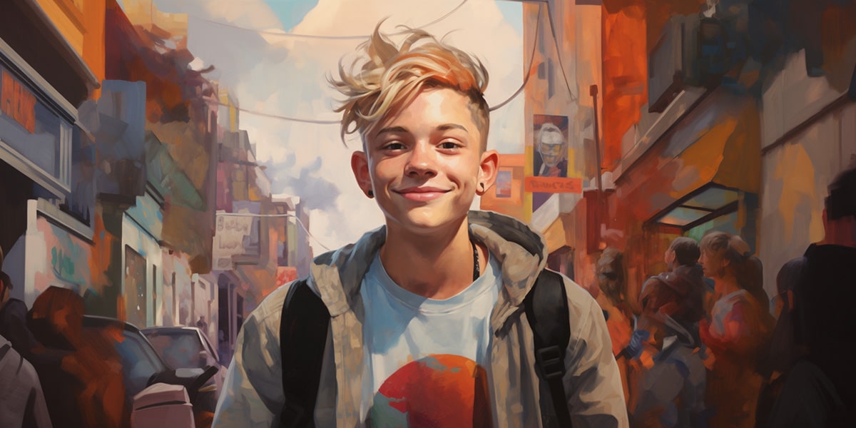 Androgynous teen with bleach-blonde streaked hair, hoodie, and backpack, smiling confidently while walking through a bustling street—capturing TOMSCOUT’s spirit of queer joy, individuality, and urban adventure.