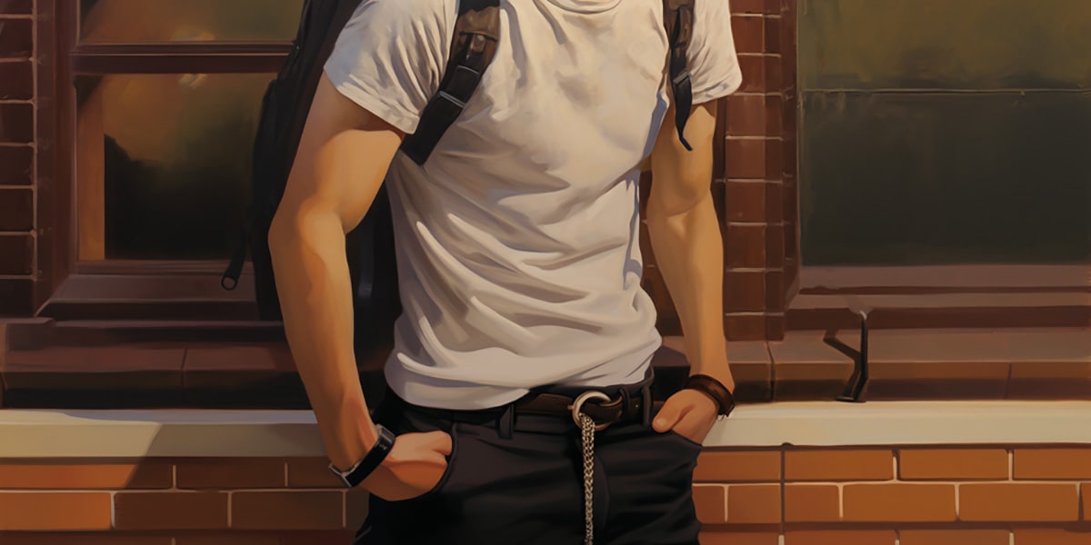 Partial view of a trans masc youth wearing a fitted white tee, leather bracelets, and low-slung belt chains—TOMSCOUT’s effortlessly cool take on soft masculinity and affirming queer style.
