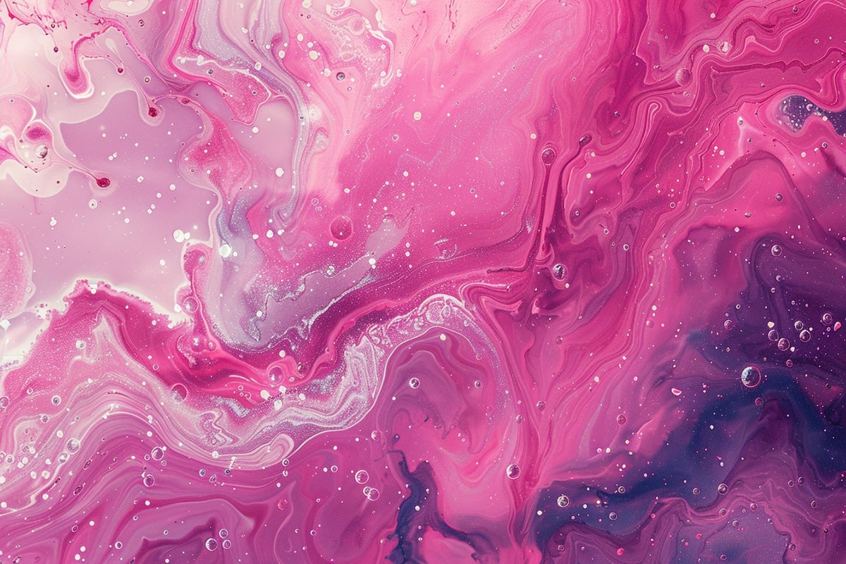 Swirling pink and lavender abstract fluid art with pearlescent highlights and micro-bubble texture—symbolizing self-expression, queer freedom, and the fluidity of gender identity in a dreamy visual form.